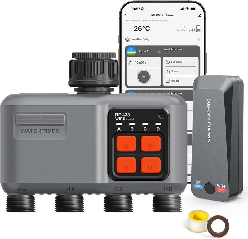 johgee WiFi Sprinkler Timer 4 Zone with 984 Feet RF Gateway, 4 Outlet Smart Water Timer for Garden Hose with Rain Delay/Manual/Automatic,WiFi Water Hose Timers for Garden & Lawns - Image 1